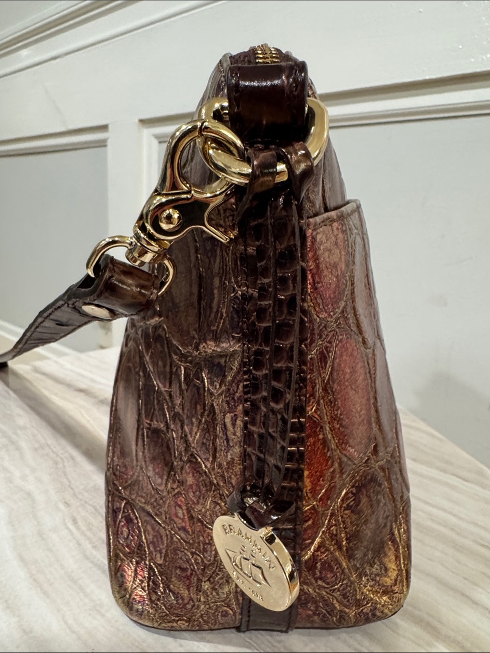 Brahmin Bag Supernova Melbourne Lorelei Bronze Metallic Croc-Embossed Crossbody - Picture 6 of 17